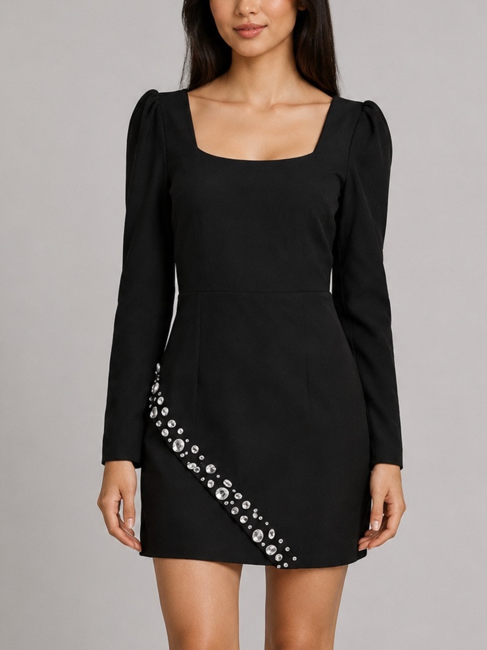 🆕💎 GB Embellished Asymmetrical Black Mini Dress Long Sleeve Rhinestone Size M